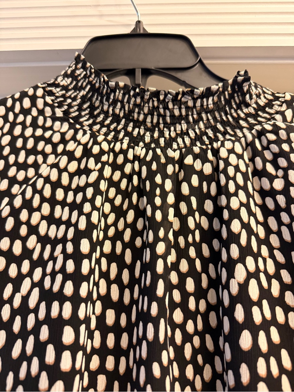 J. Crew Black Blouse with Cream Spot Print and Smocked Neckline-New with Tag